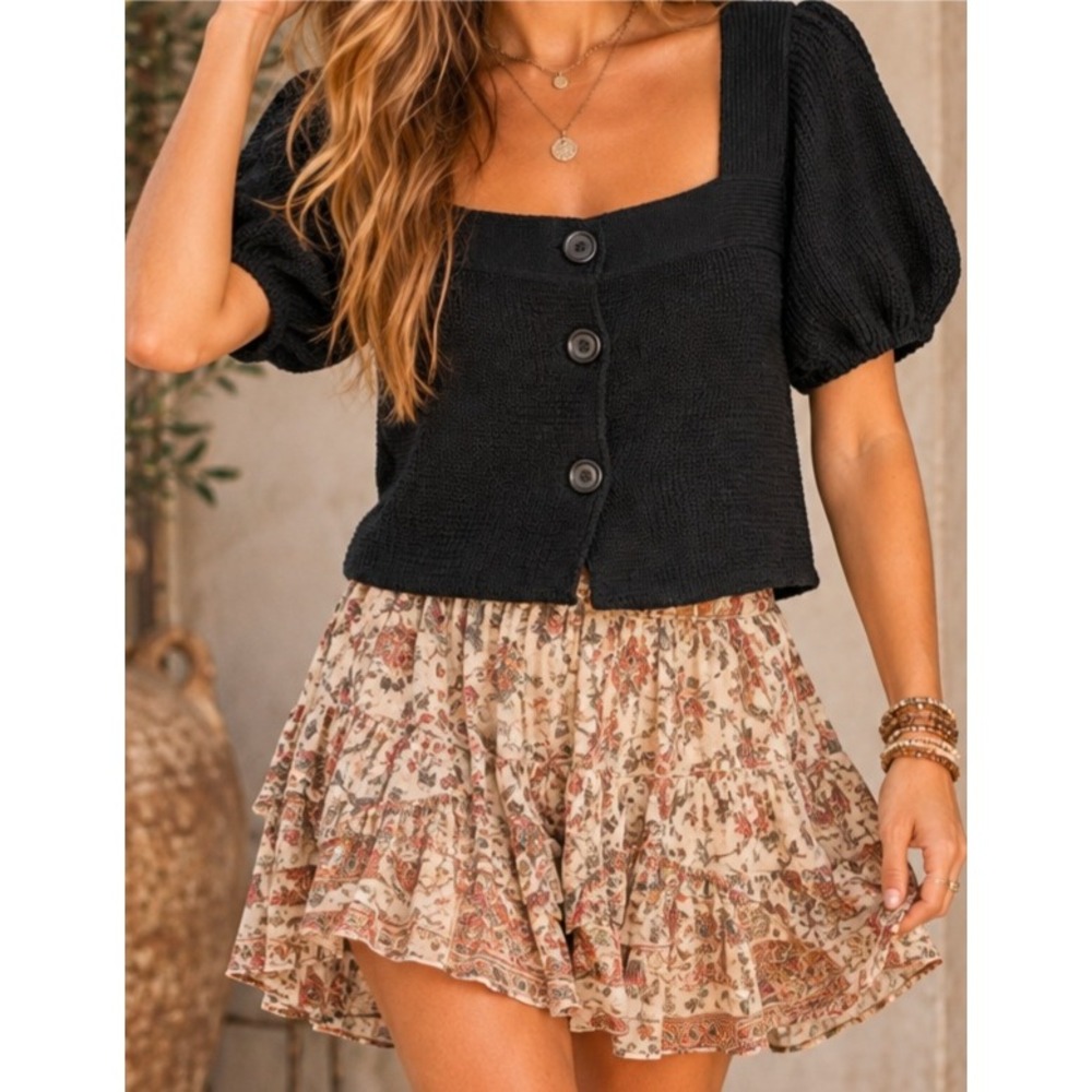 Black Knit Short Puff Sleeve Square Neck Button Front Cardigan Top L babydoll